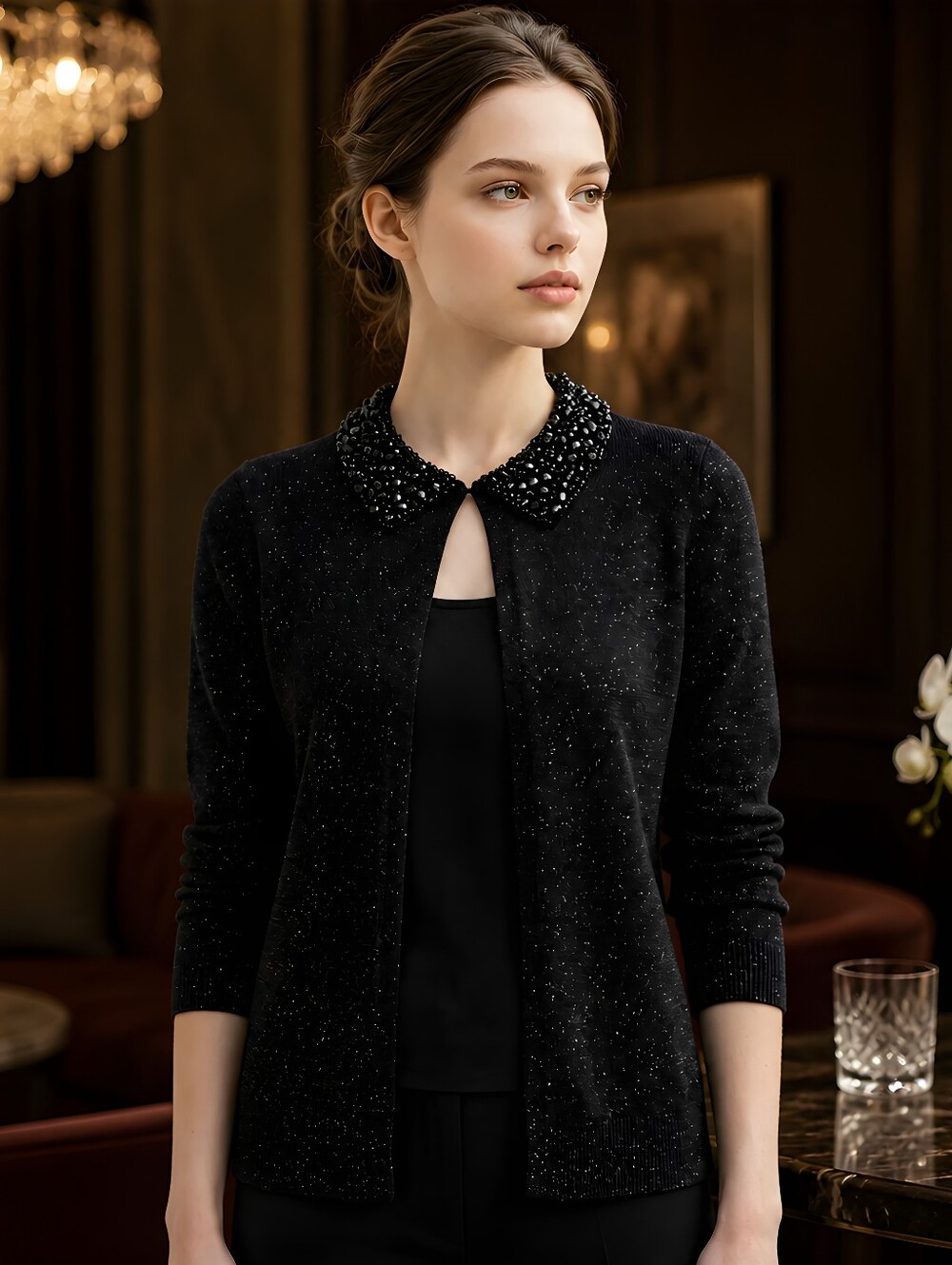 Escapade Black Beaded Sequin Collar Open Cardigan S Good Condition